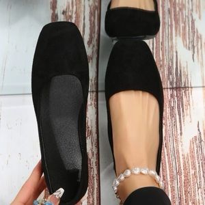 Elegant Square Toe Black Faux Suede Flats